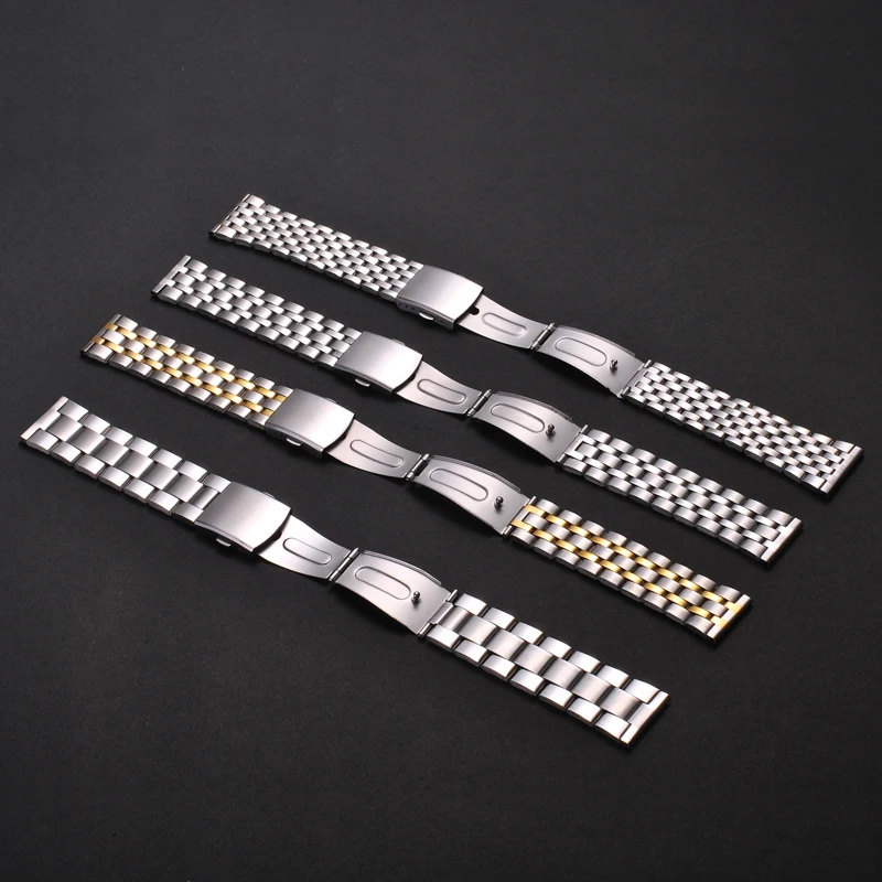 18mm 22mm 20mm Stainless Steel Strap Folding Buckle Flat Interface Silver Men Women Universal Wrist Watch Band Replacement+Tools