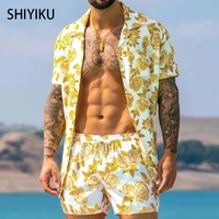 shiyiku mens hawaiian print brand summer short sleeve button shirt loose beachwear shorts street casual mens suit 2 piece set