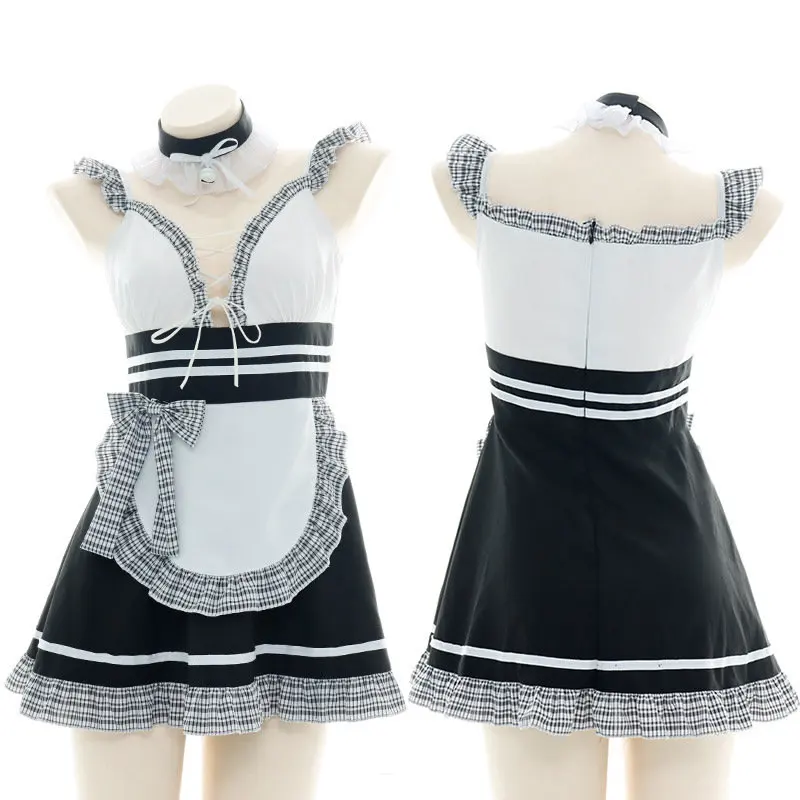 

2020 New Two-Dimensional Sexy Suit Maid Costume Japanese Bell Neck Decoration Low-Cut Hollow Cross-Lace Cosplay Fake Two Clothes