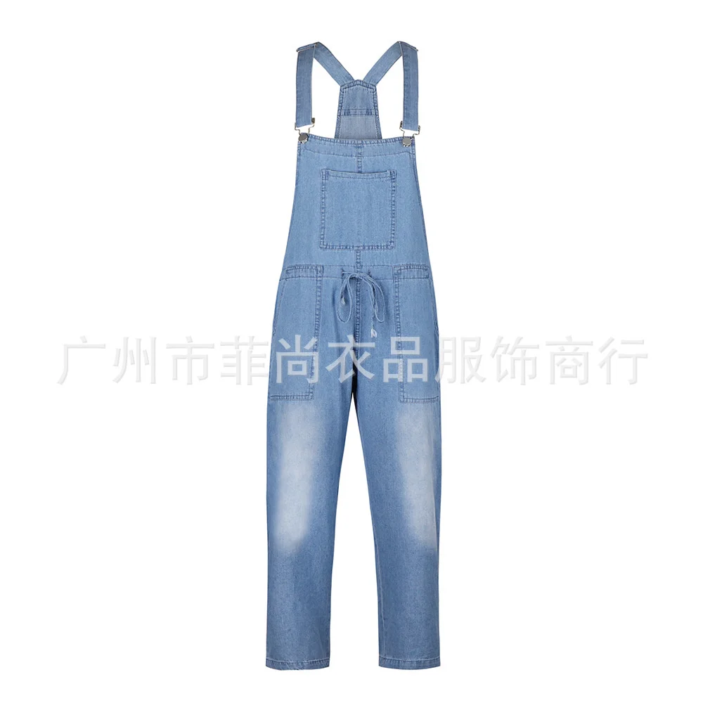 

Solid Button Casual Suspender Pants Plus Size Straight Pants Slim Classic Jeans
