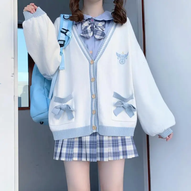

Spring and Autumn Sweet Bow Shirt + Korean Style Color Matching Sweater Cardigan Coat Female Student Sweater Date