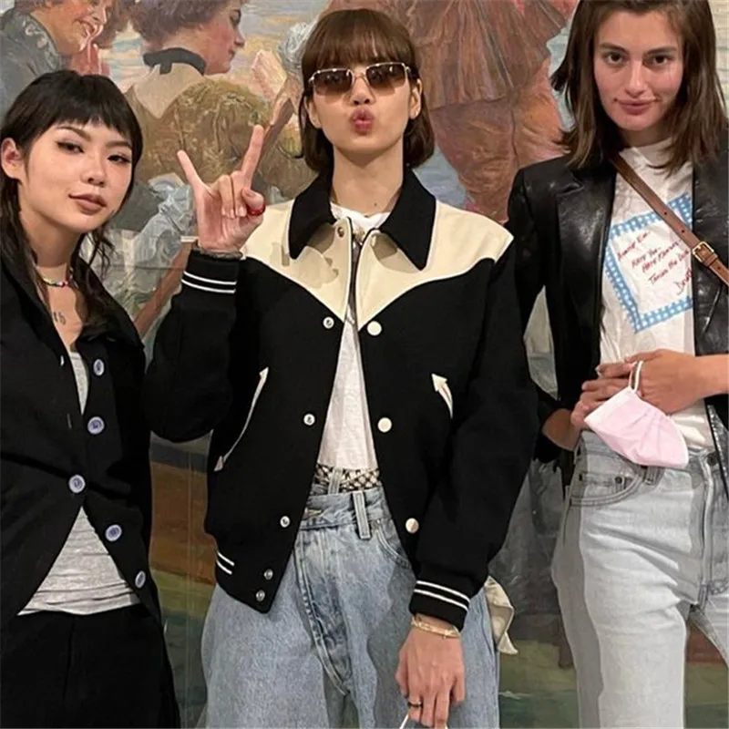 

Осенние женские повседневные свободные пальто Y2K, женские куртки контрастных цветов с отложным воротником и длинным рукавом, кардиганы, ули...