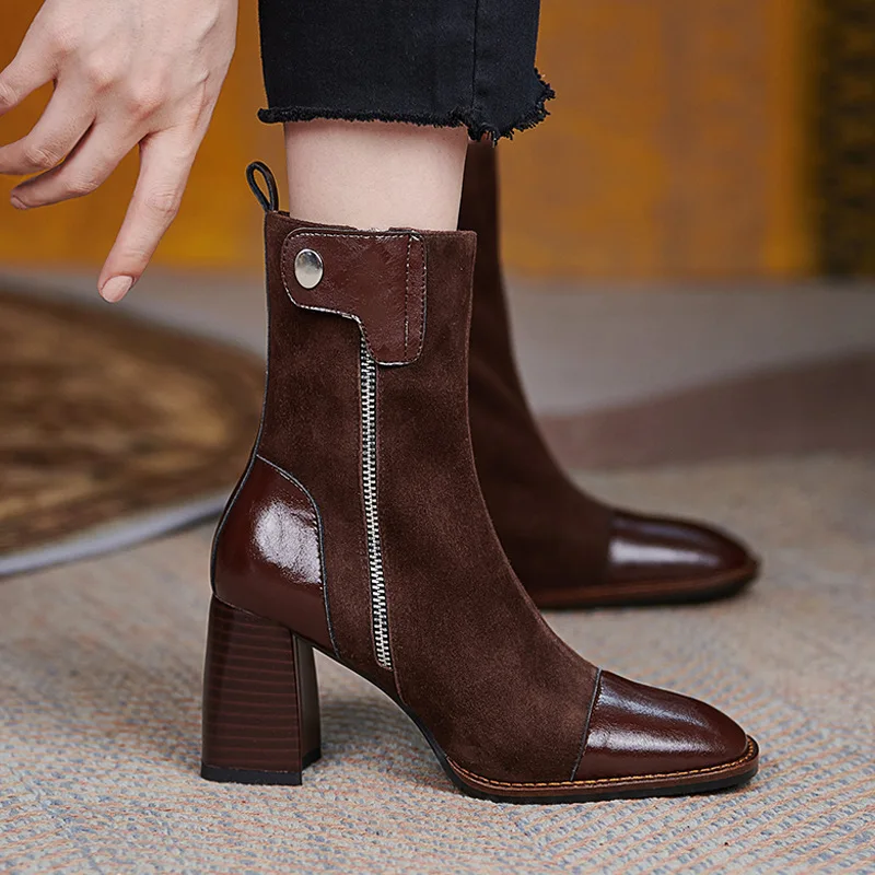 Chunky High Heels Boots Brown Black Party Dress Shoes Women Fashion Retro Boots Female Shoes Comfortable Block Heels Girls Shoes