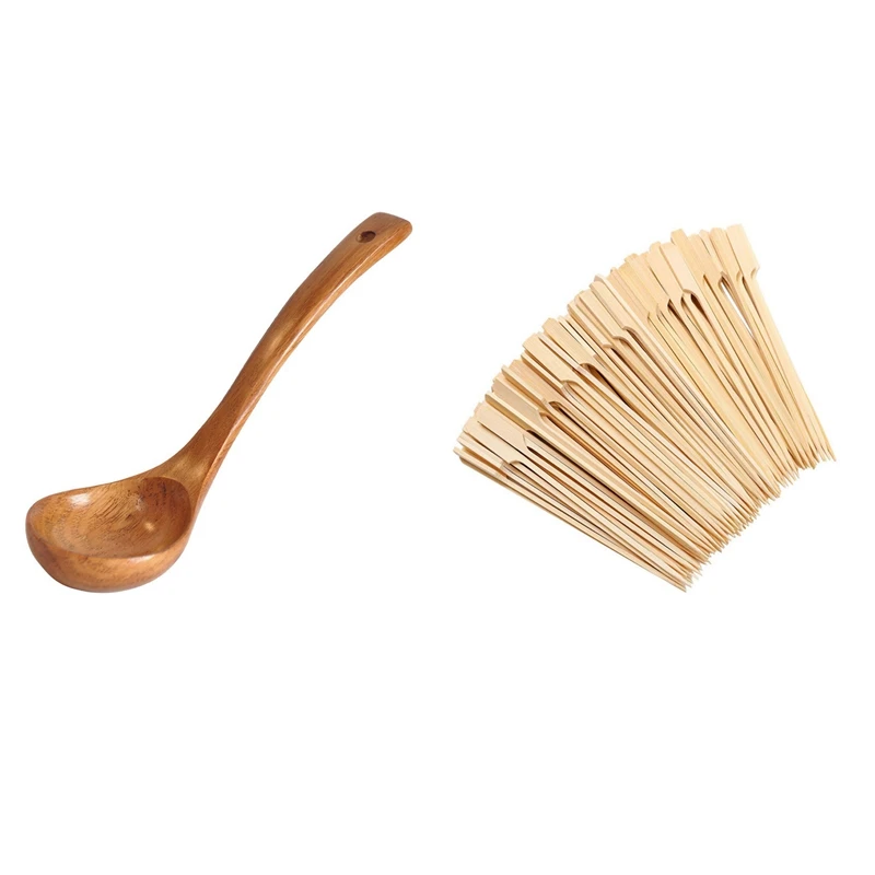 

300Pcs Bamboo Paddle Skewers Barbecue Bamboo Skewers Cocktail Sticks 18cm & 1x Natural Wood Wooden Spoon