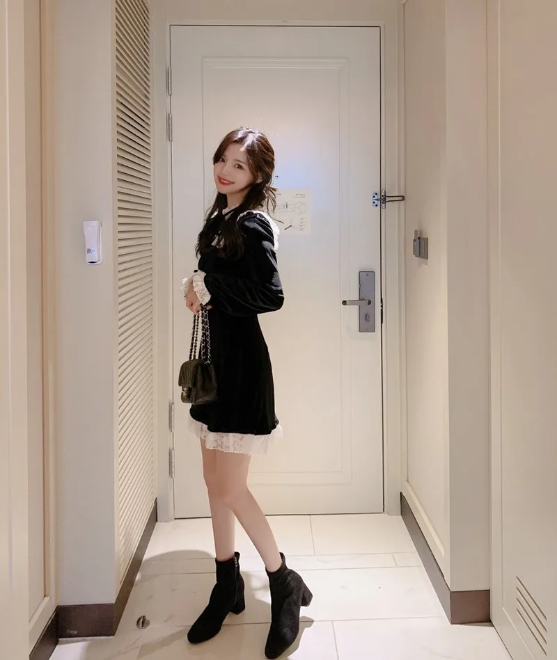 Рождественские вечерние платья женское кружевное платье корейское Черное