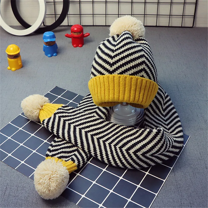 Детская однотонная одежда в полоску с помпоном шапка и шарф комплект детской