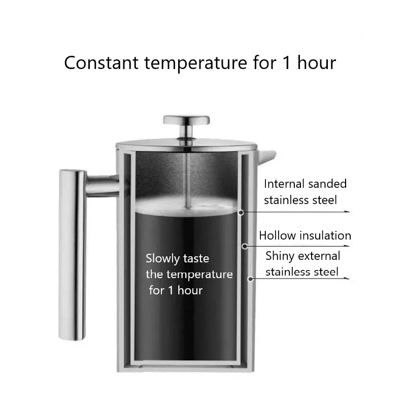 

Stainless Steel Insulated Cafe Percolator French Press Coffee Maker Food Grade Double Wall Large Capacity Tea Pot Coffeeware