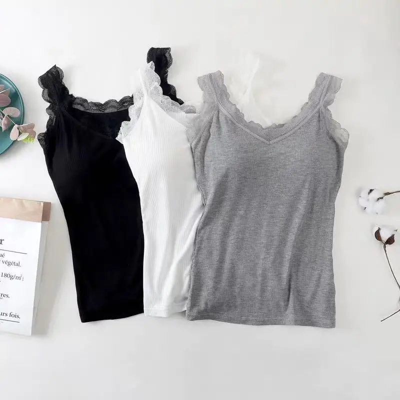 

2020 New Summer Women Patch Lace V Neck Modal Underwear Tanks Camisole Tops Lady Solid Sleeveless Blouse Built In Bra Vest Y20