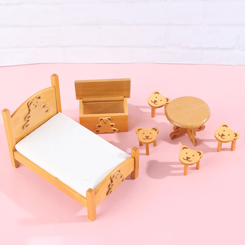 

7Pcs/set 1:12 Dollhouse Miniature Bed Desk Chair Set Furniture Model Doll House Decor