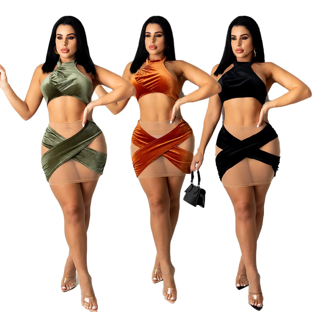 

Sheer Mesh Patchwork 2 Piece Set Crop Top Skirt Set For Women Summer Casual Sexy Solid Halter Sleeveless Women Set