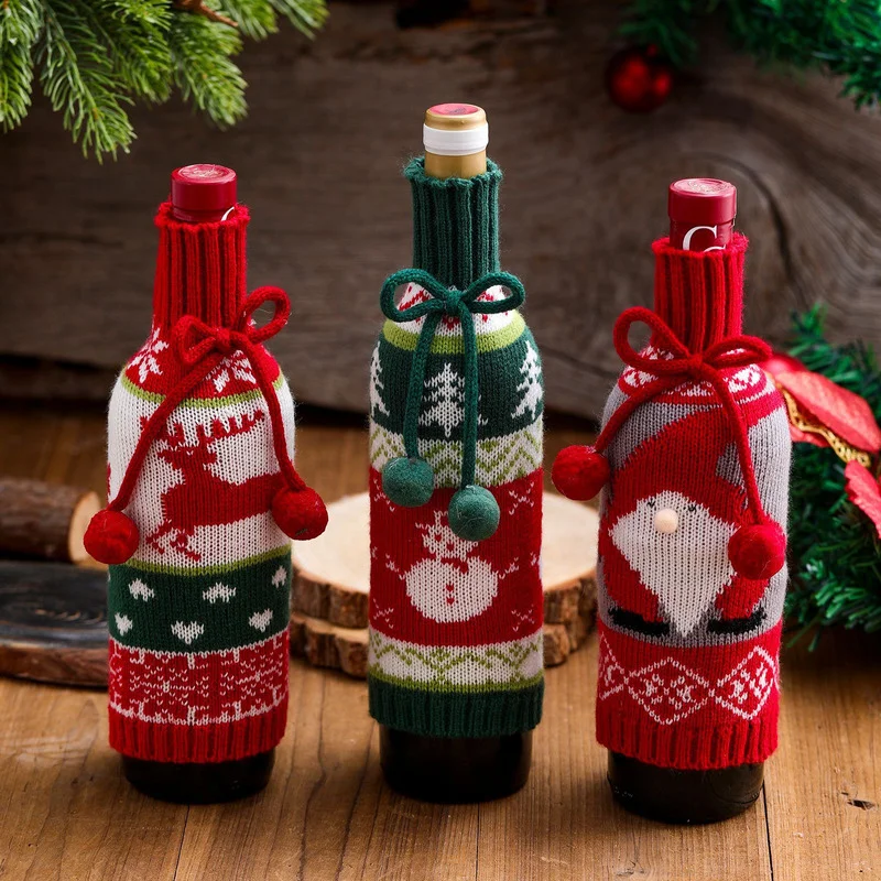 

1 Pc Hairball Bowknot Wine Bottle Cover Elk Elder Snowman Knitted Wine Cover Christmas Decoration Gift Desktop Decoration