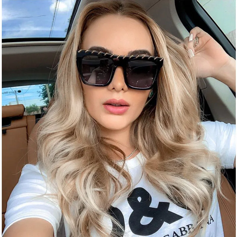 

Gold Thread Big Square Sunglasses Women New Fashion Luxury Sun Glasses Sexy Cute Ladies Over sized Frame Female Flat Top Shades