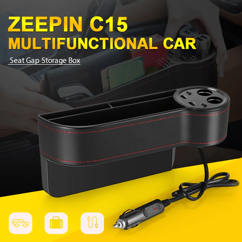 ZEEPIN C15 Multi-use Car Seat Gap Storage Box PU Leather Case Pocket Right Seat Side Slit Voltage Display 2 Cigarette lighter