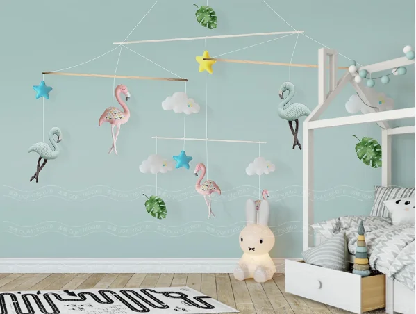 Nordic Blue Wallpaper Animals Flaming Wall Mural for Kids Bedroom Canvas Silk Cloth Contact Paper Carton 3D Art | Обустройство дома