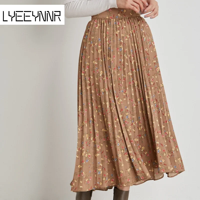 

Spring 2022 New Arrival Skirts Women High Waist Flower Printed Pleated Jupe Femme Mid-calf Big Swing All-match Faldas Mujer