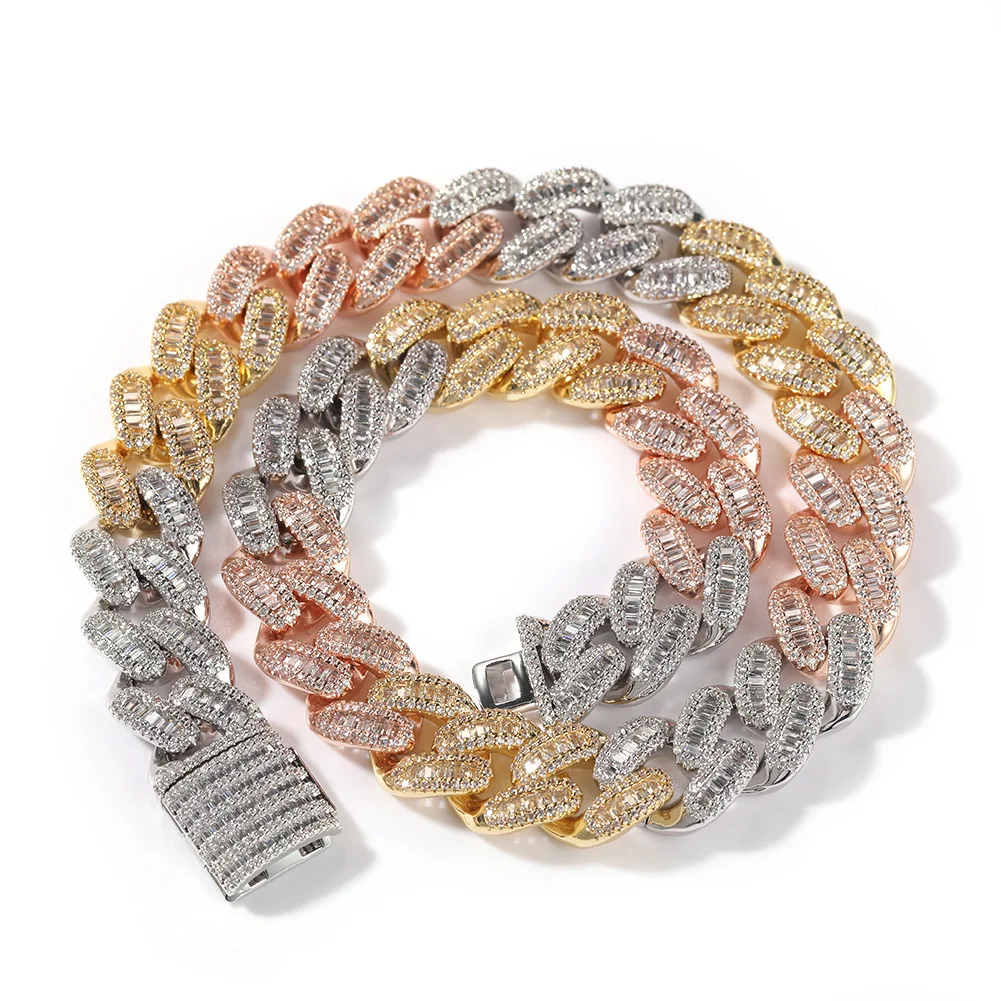 

Трехцветная кубинская цепь в стиле хип-хоп, инкрустированная квадратным цирконием, мужское ожерелье толщиной 15 мм