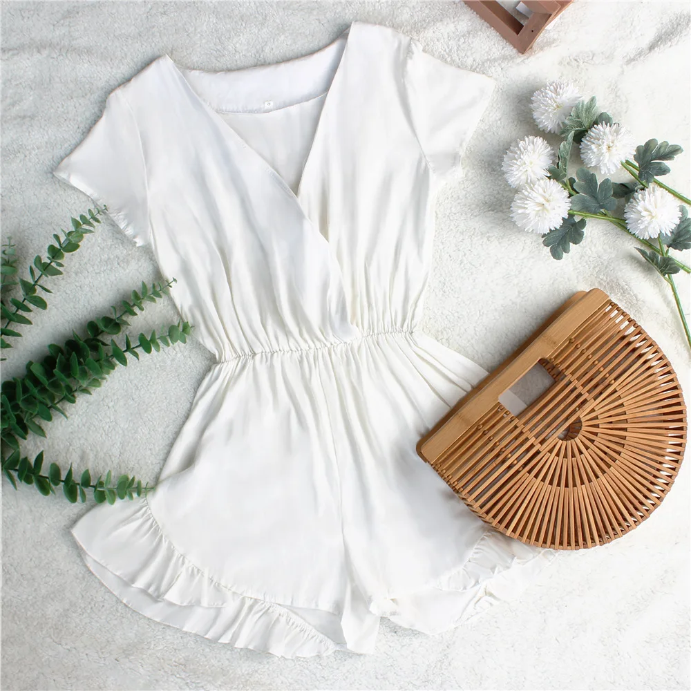 

Summer Jumpsuits For Women 2020 Sexy V Neck Short Sleeve Solid Color Ruffles Jumpsuit &rompers Bodysuit Overalls Romper Womens