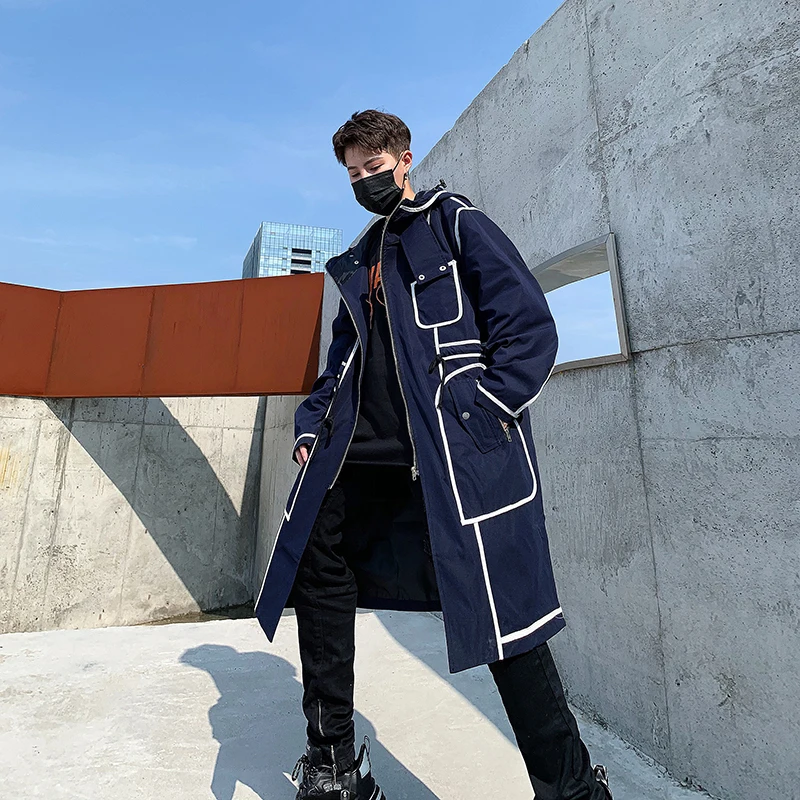 

Trench Coat Men Streetwear Long Jacket Hip Hop Line Male Fashion Windbreaker Spring Autumn Hooded Overcoat