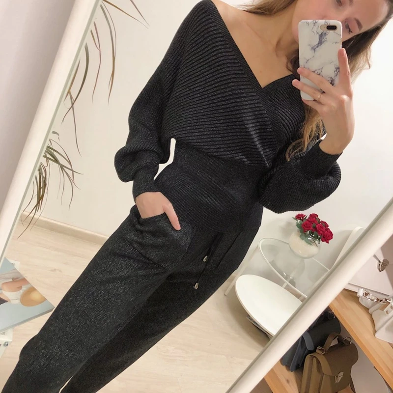 

Bling 2 Piece Sweater Tracksuits Women Harrem Pants + Double V Neck Pullover Sweater Set Autumn Winter Knitted Clothing
