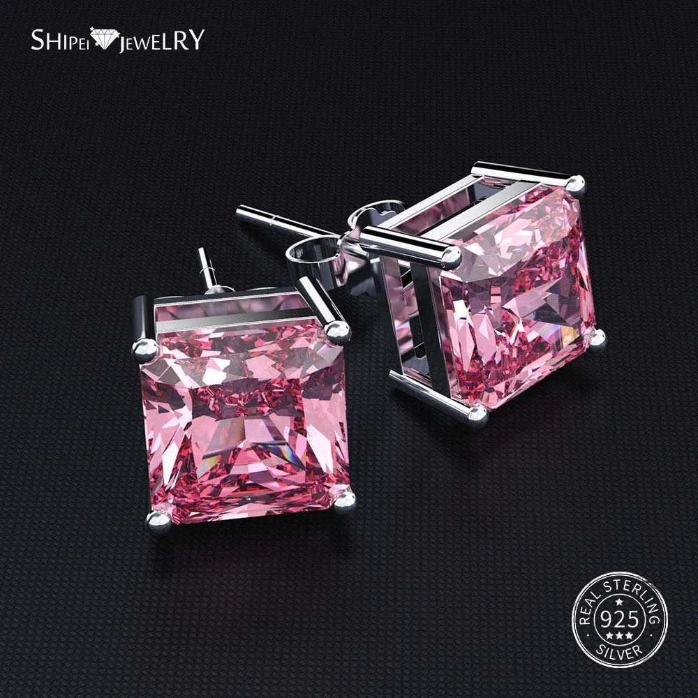 Pink Sapphire ShiPei Стерлинговое Серебро пробы розовый белый желтый сапфир рубин изумруд Asscher серьги гвоздики для женщин подарок на день рождения хорошее ювелирное изделие - Цвет камня: Pink Sapphire