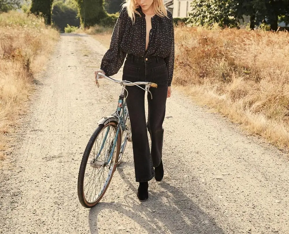 

Rero Women Denim Pants 2020 Autumn and Winter High Waist Lady Micro-flare Wide-leg Jeans with Double Pockets