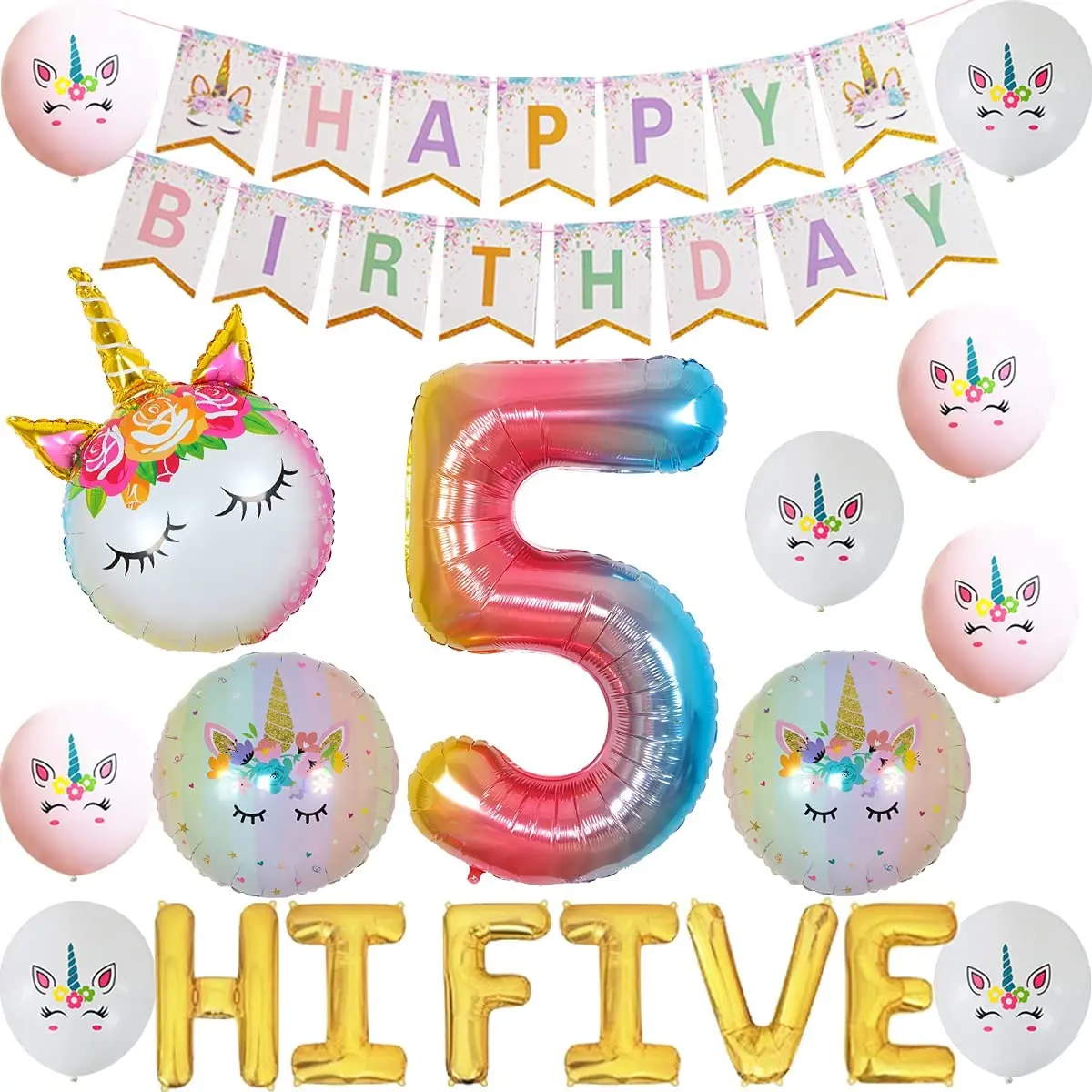 Decoraciones de fiesta de cumplea&ntilde;os para ni&ntilde;as de 5 a&ntilde;os, pancarta de feliz cumplea&ntilde;os, globos de papel de aluminio HI FIVE de unicornio degradado-2