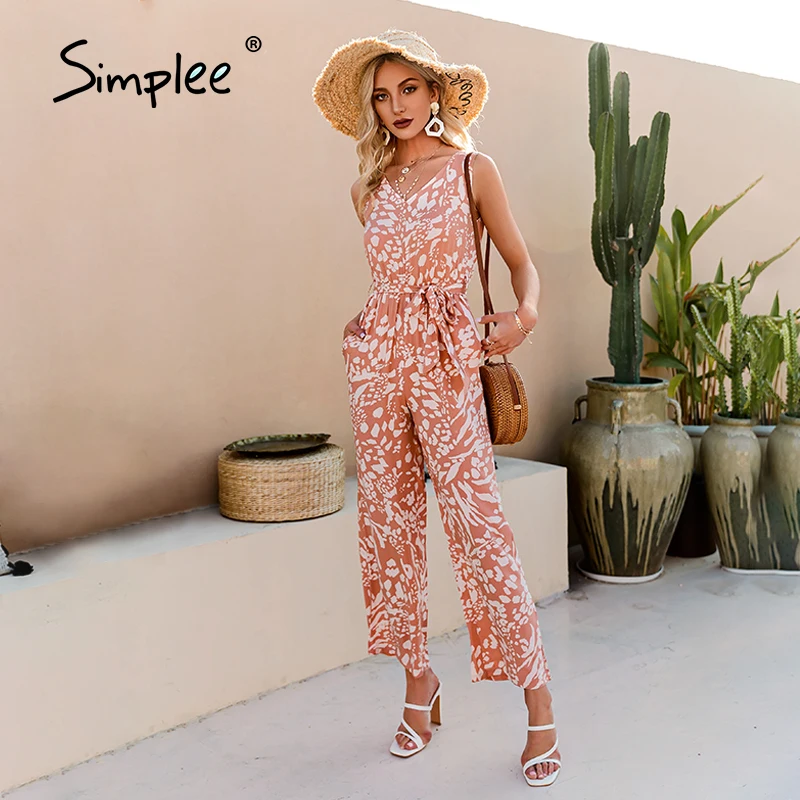 

Simplee Sleeveless V-neck Printed Jumpsuit Summer holiday style lace high waist women long jumpsuits Elegant straight jumpsuit