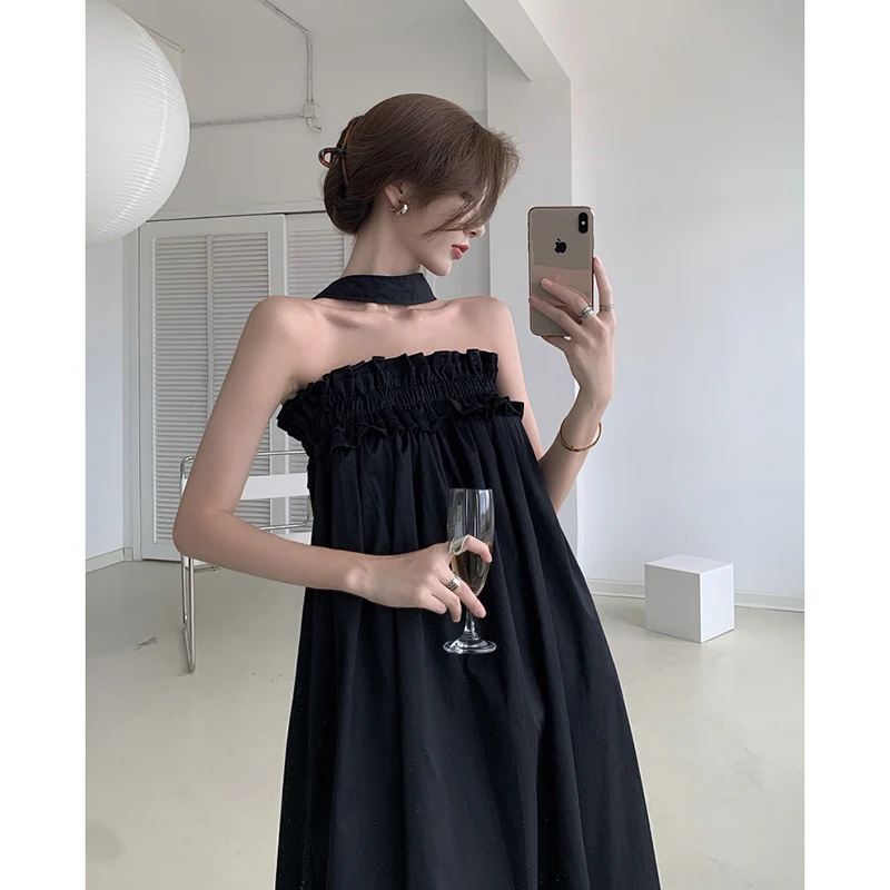 

Женское платье с открытыми плечами, черное свободное ТРАПЕЦИЕВИДНОЕ ПЛАТЬЕ в Корейском стиле, с воротником-хомутом, на лето