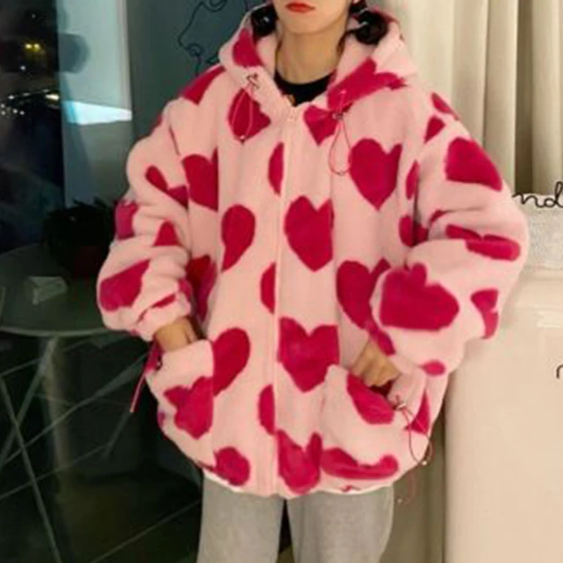 

Heart Print Women Jacket Winter Warm Zipper Hooded Flannel Parka Harajuku Lambswool Aesthetics Streetwear Loose Cute Hoodie Coat