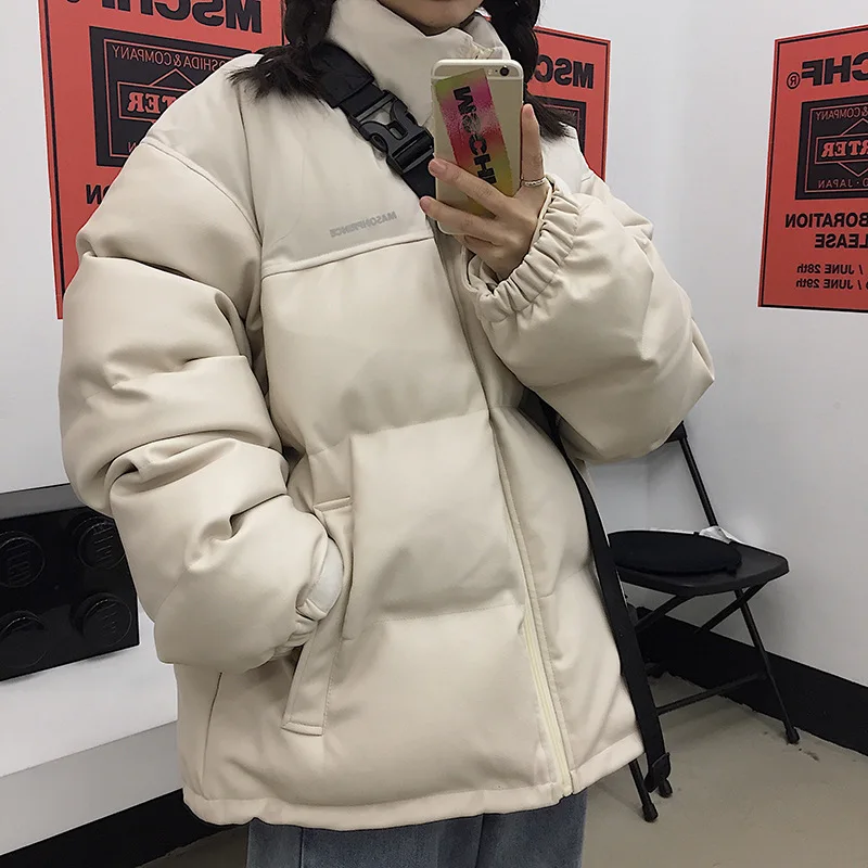 

PU Leather Parkas Couple Clothes Mens New Winter Bubble Jackets Solid Black Loose Thick Warm Fashion Coats Puffer Jacket Men