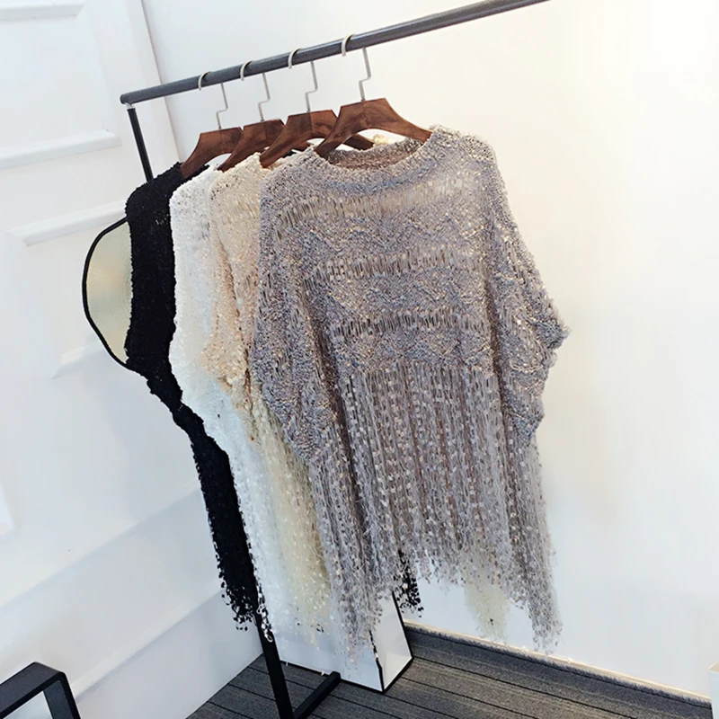 Женский свитер с рукавами летучая мышь Осенний ажурный топ бахромой пикантная