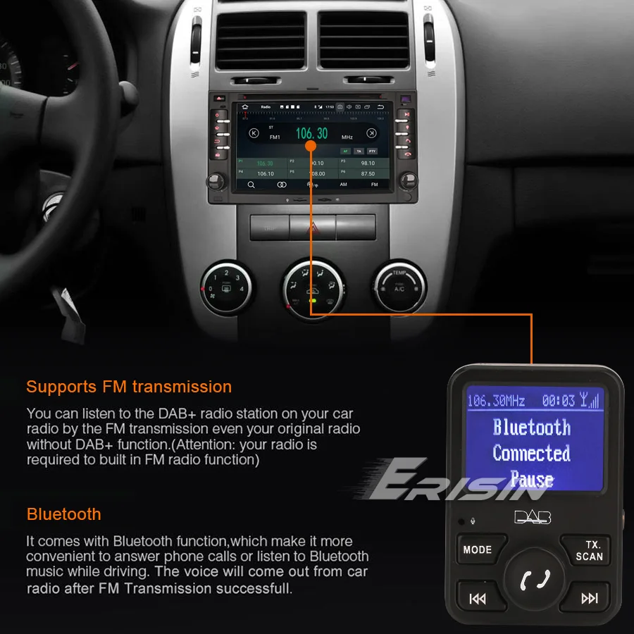 Erisin ES367 автомобильное радио стерео DAB+ цифровой приемник Bluetooth USB зарядное устройство дуплексный MP3 A2DP RDS