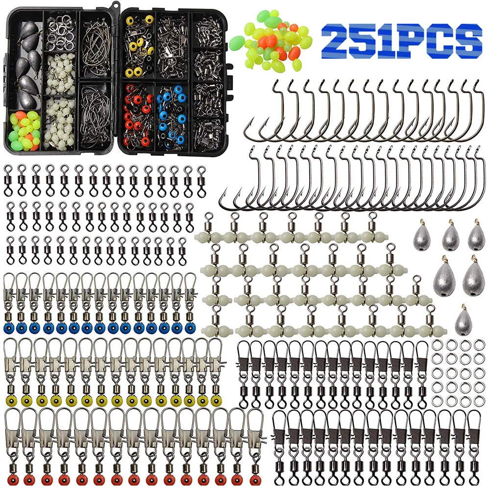 251pcs Рыболовные снасти с джиг искусственная приманка крючки баррель вращающаяся пулька весов оснастки Вертлюги Сплит Кольца грузила горки бусины - Цвет: 251pcs