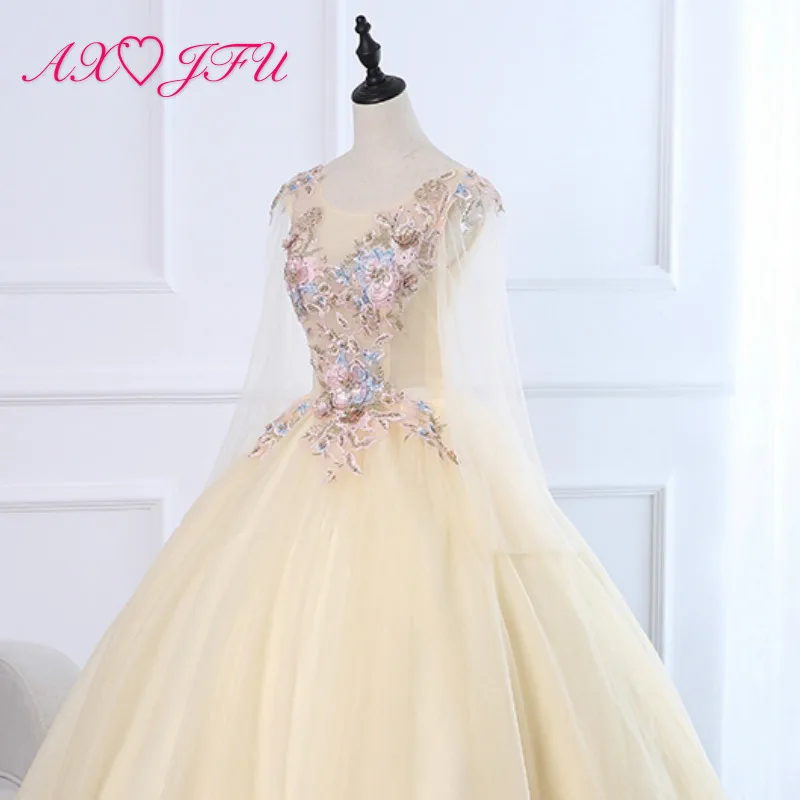 

AXJFU flower champagne lace bride evening dress luxury v neck beading embroidery vintage long sleeve illusion host evening dress