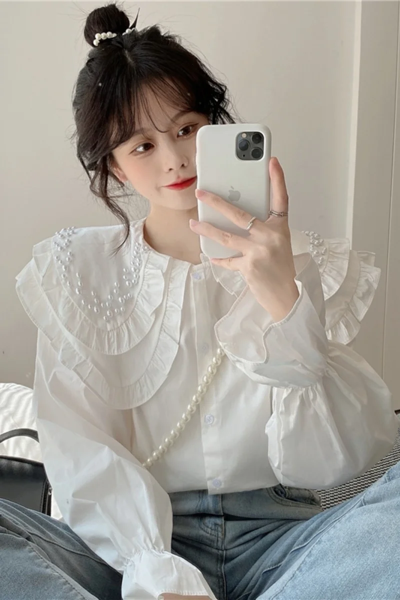 2021 детский воротник белая рубашка Женский Топ Новая маленькая с длинным рукавом |