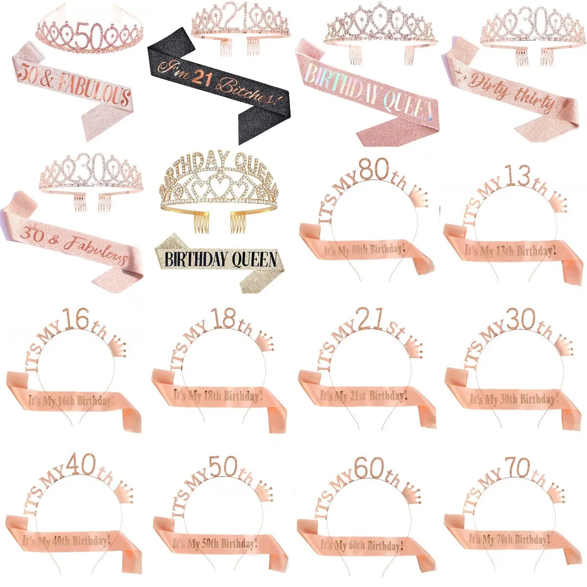 

Birthday Party Decoration 18 21 30 40 50 Rose Gold Satin Sash Crystal Crown Tiara Happy Birthday Anniversary Party Supplies