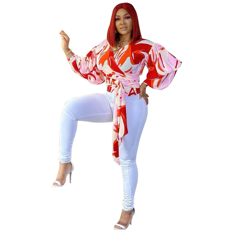 

Sexy Lady Women Blouses Full Pull Sleeve V-Neck Pullover Print Chiffon Tops Fashion Office Shirts Spring Fall Clothing