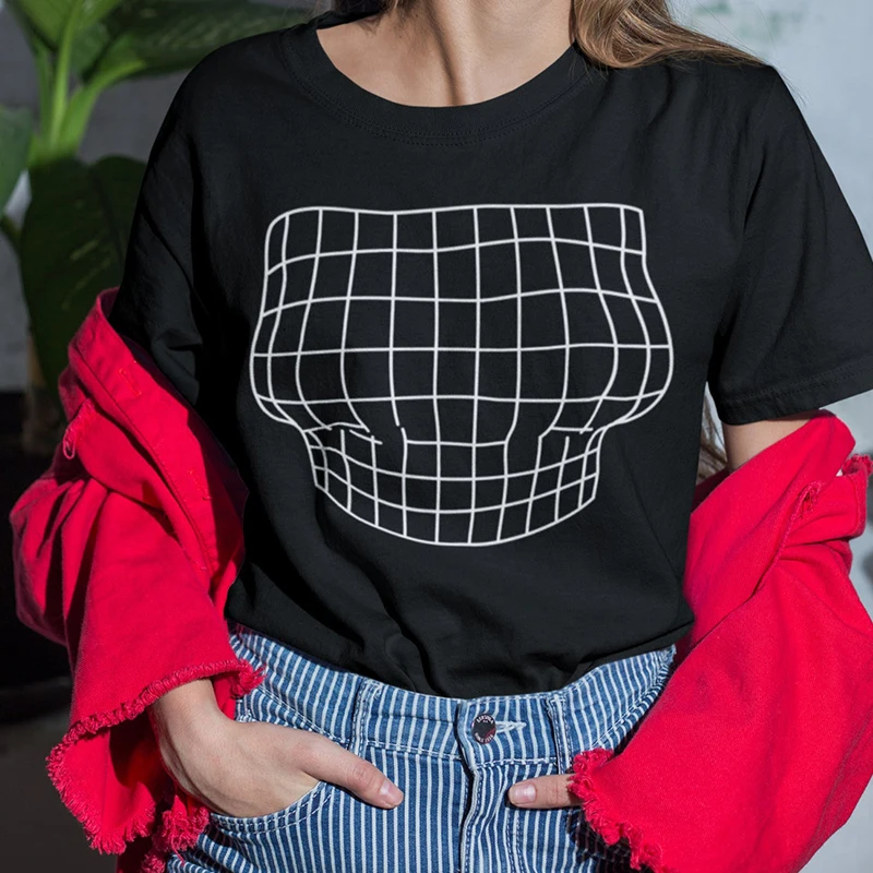 

Magnified Chest Optical Illusion Grid Women T Shirt Funny 3D Printed Big Boobs T-Shirt Femme Tshirt Goth Clothes Black Top