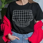 Увеличенная грудь, Оптическая иллюзия, сетка, женская футболка, Забавный 3D принт, большие груди, футболка, женская футболка, черный топ