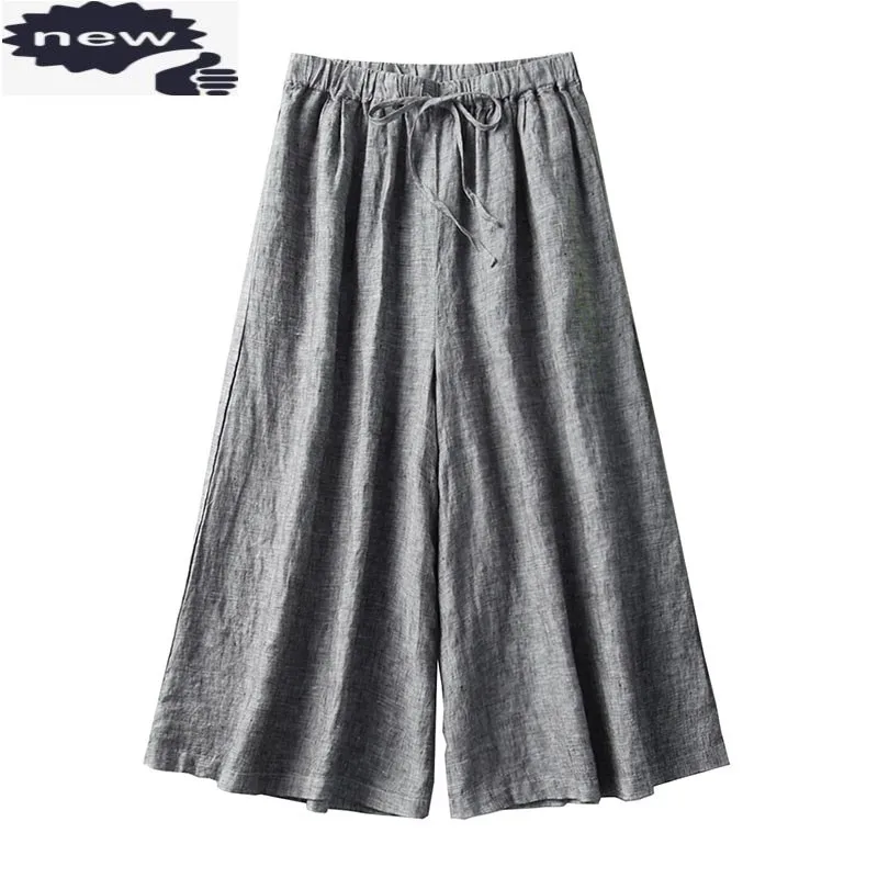 Harajuku Women Casual Sweatpants Linen High Waist Lace Up Calf-Length Summer Loose Fit Wide Leg Pants Vintage Trousers