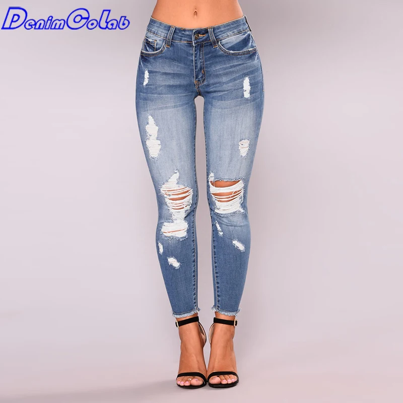 

Модные эластичные женские джинсы с дырками Denimcolab, узкие брюки-карандаш длиной до щиколотки, женские повседневные рваные джинсы