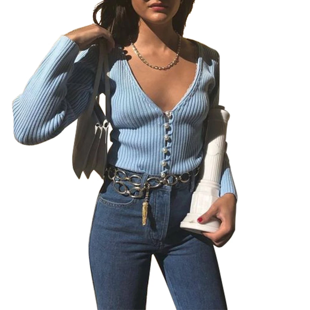 Женский однотонный кардиган Топ с длинным рукавом и глубоким V образным вырезом