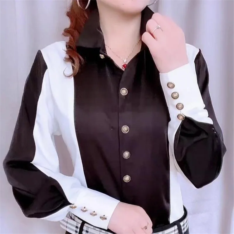 

Chic Color Matching Blouses Women Shirt Spring New Women Clothing Lapel Buttons Top Splicing Lantern sleeve Casual Female Shirt