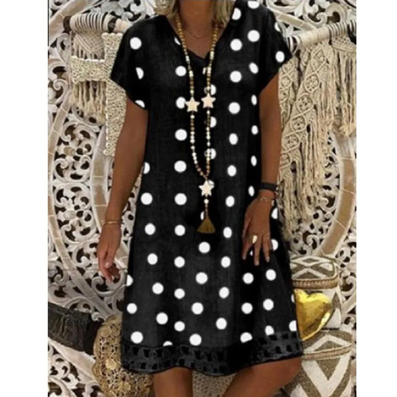

Casual Ladies Dress Summer Women Dress Fashion Hot Sale Short Sleeve V-neck Dot Print Mid-length Dress 2020 New Plus Size