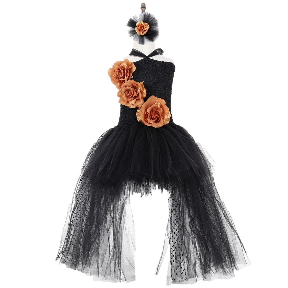 

Black Polyester Mesh Polka Dot Dress with Gold Flower Wedding Dress Long Train Halloween Costumes for Teens Xmas Clothes Vestido