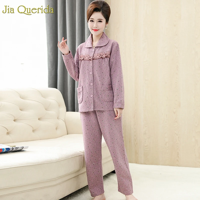 Pijamas Women Cotton Home Clothes Long Sleeves Trousers Women's Two Pieces Printing Lace Embroidery Front Elegant Pijama Mujer | Женская