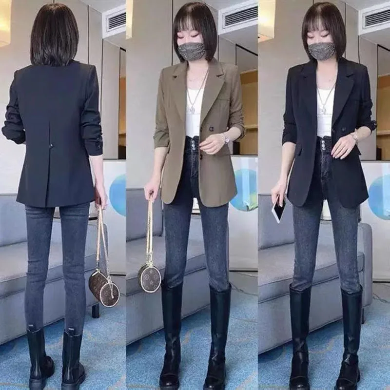 

Women's Suit Jacket 2021 New Korean Version Of The Wild Spring And Autumn Black Khaki Net Red Casual Suit British Style