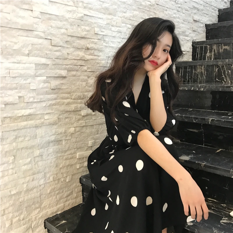 

2021 SuperAen New Summer Elegant Women's Long Dress Korean Style Fashion V-Neck Ladies Casual Half Sleeve Dot Female