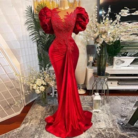 charming mermaid red prom dresses real image aso ebi style puffy shoulder ruffles mermaid beaded women velvet evening gowns