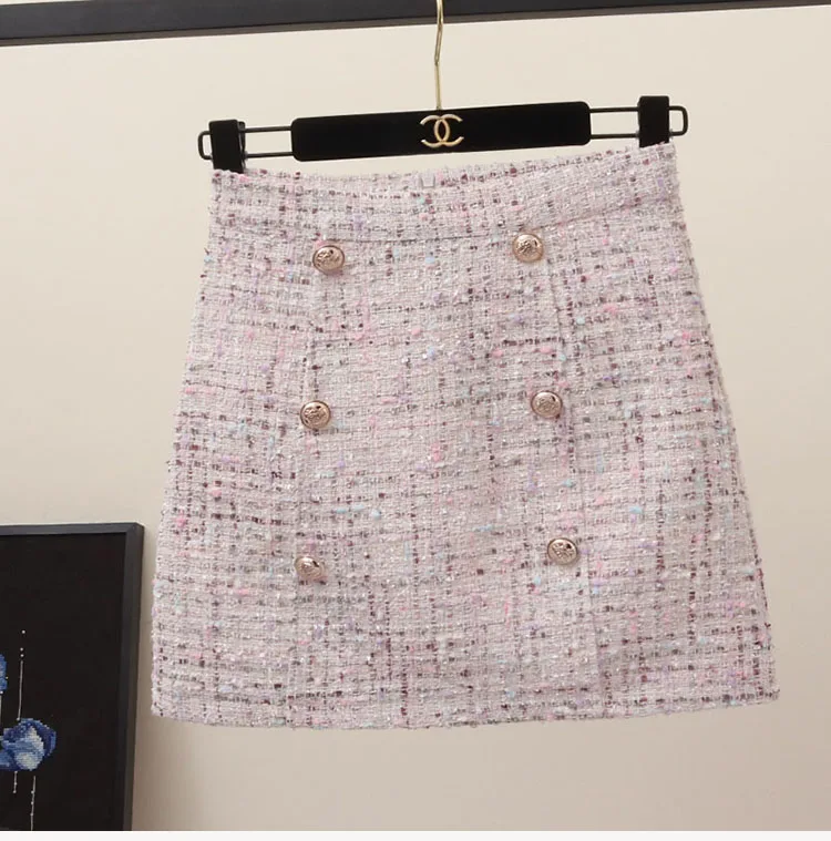 Бежевый YoungGee Женская винтажная клетчатая Золотая двубортная подиумная твидовая трапециевидная юбка Офисная Женская высокая талия Femininas шикарные короткие юбки - Цвет: Бежевый